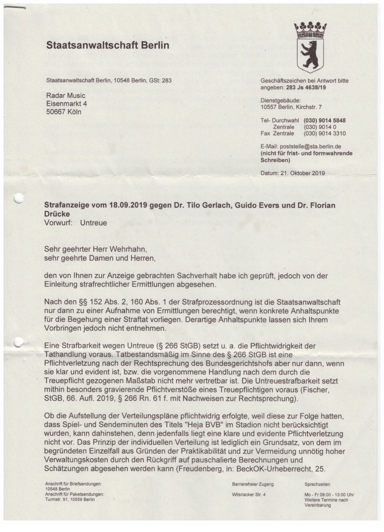 Die Staatsanwaltschaft Berlin nimmt keine Ermittlungen gegen die GVL auf! Radar Music Die Staatsanwaltschaft Berlin nimmt keine Ermittlungen gegen die GVL auf! Radar Music